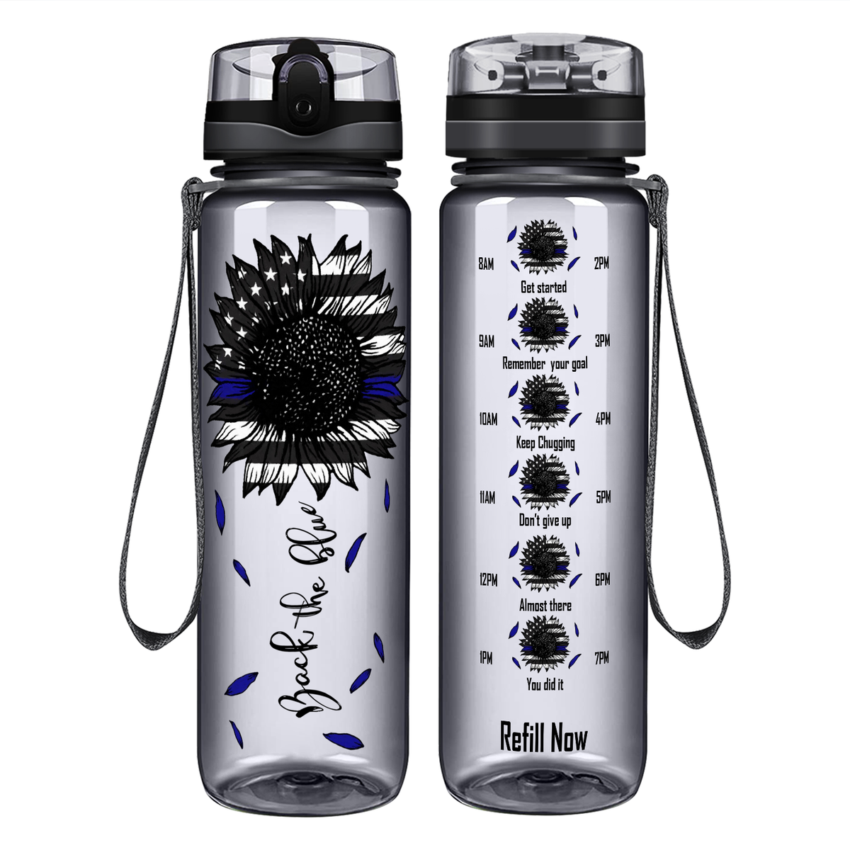 Thin Blue Line Sunflower on 32 oz Motivational Tracking Water Bottle
