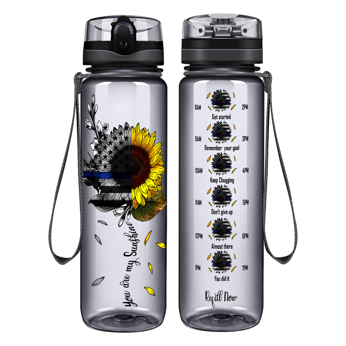 You are my Sunshine Thin Blue Line Sunflower on 32 oz Motivational Tracking Water Bottle