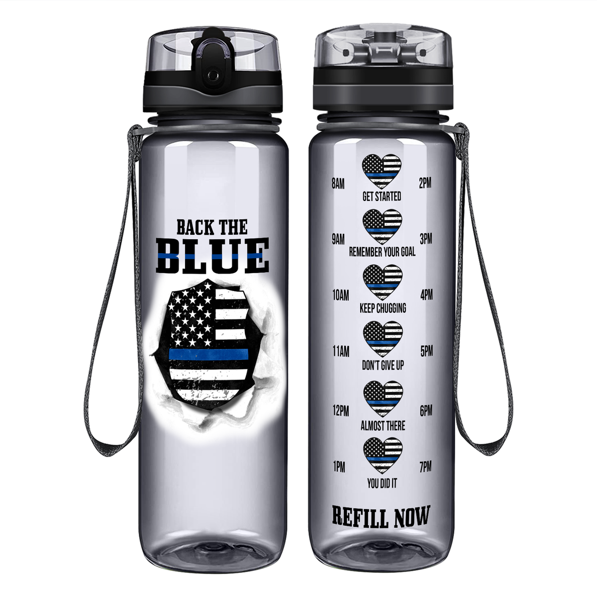 Back the Blue on 32 oz Motivational Tracking Water Bottle