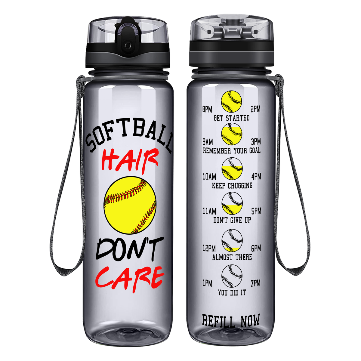 Softball Hair Don't Care on 32 oz Motivational Tracking Water Bottle