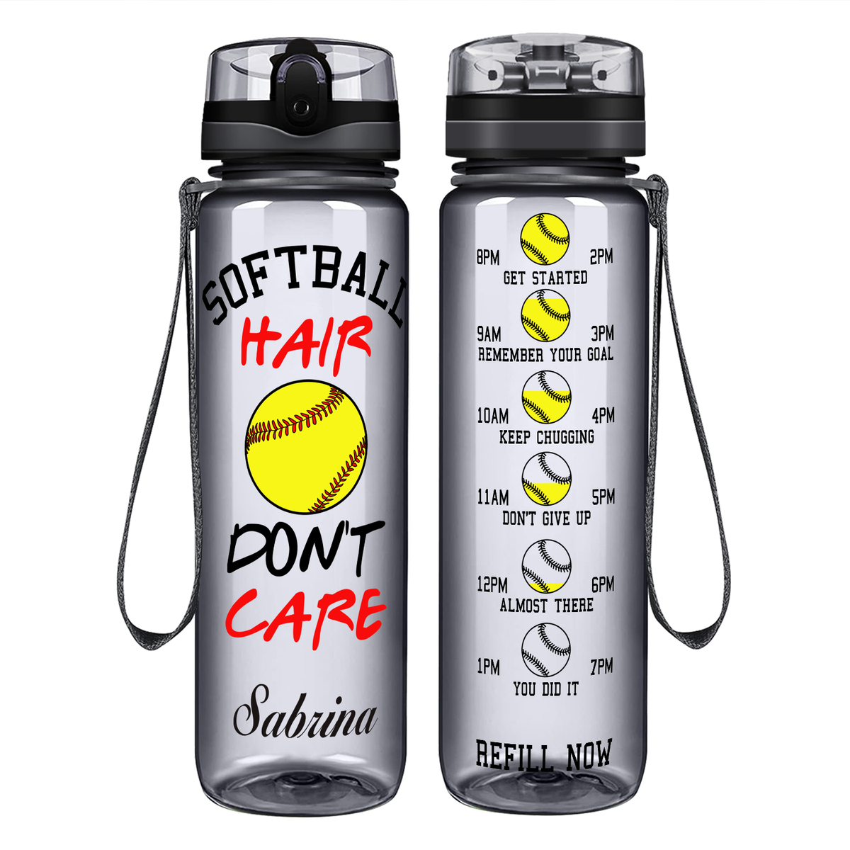 Personalized Softball Hair Don't Care on 32 oz Motivational Tracking Water Bottle