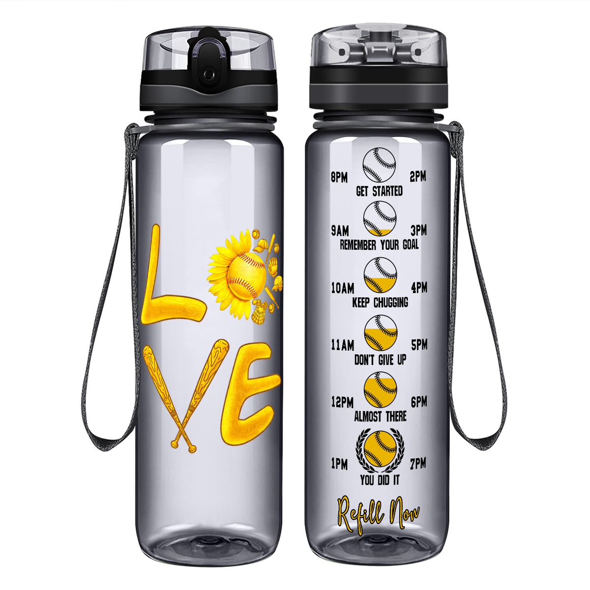 Love Softball Flower on 32 oz Motivational Tracking Water Bottle