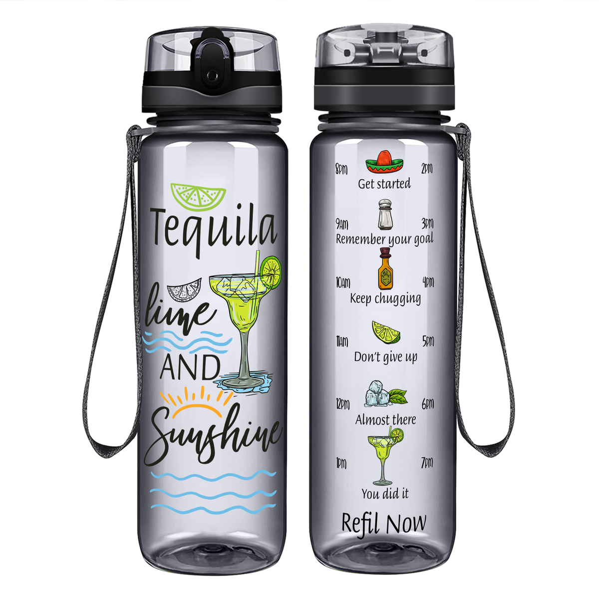Tequila Lime and Sunshine on 32 oz Motivational Tracking Water Bottle