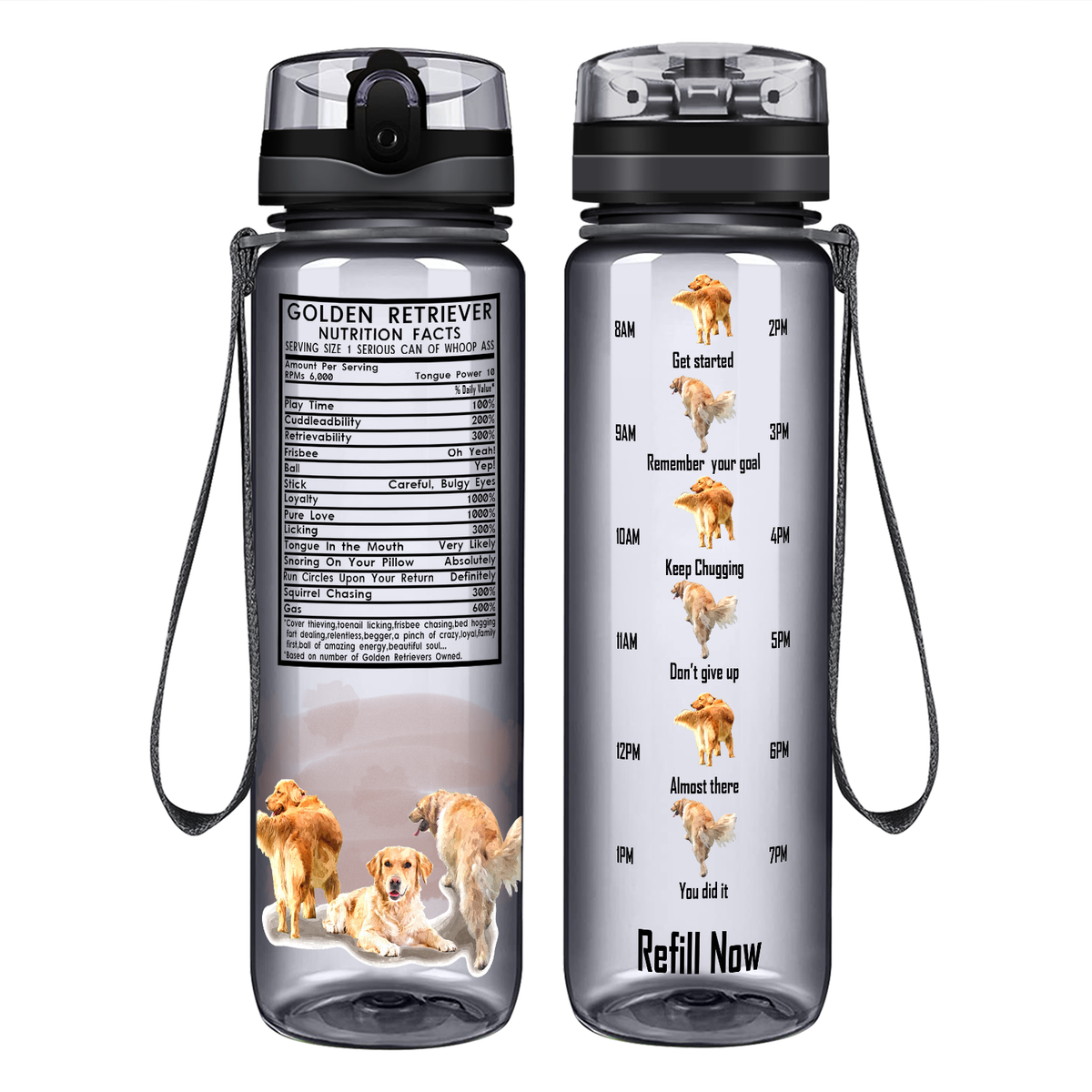 Golden Retriever Nutrition Facts on 32 oz Motivational Tracking Water Bottle