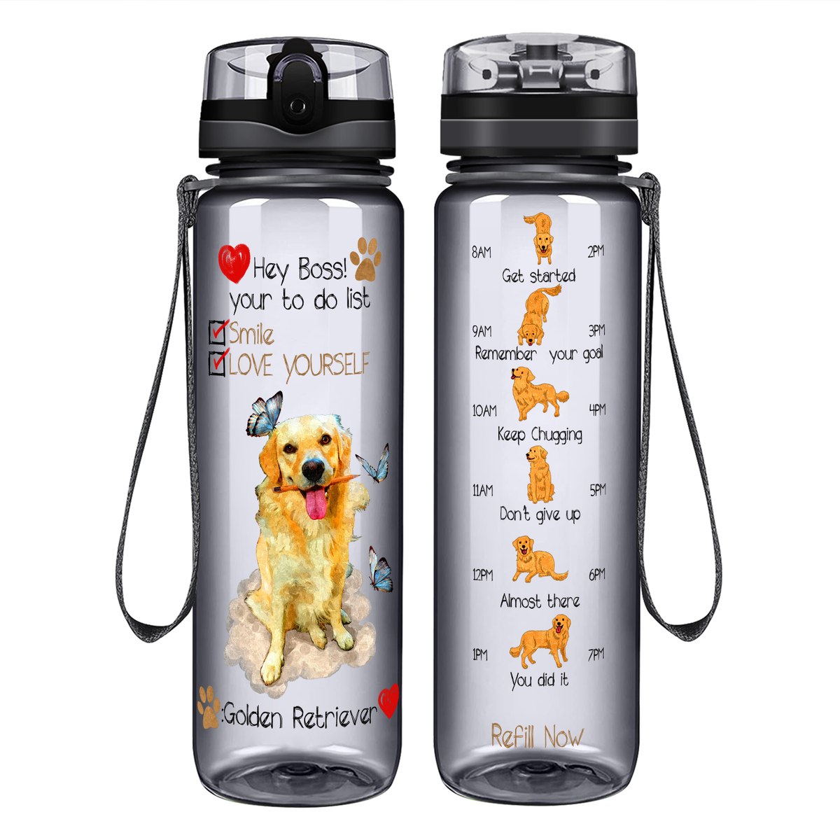 Hey Boss! Your To Do List Golden Retriever on 32 oz Motivational Tracking Water Bottle