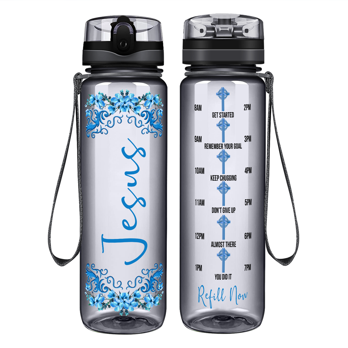Jesus Blue Fowers Design on 32 oz Motivational Tracking Water Bottle