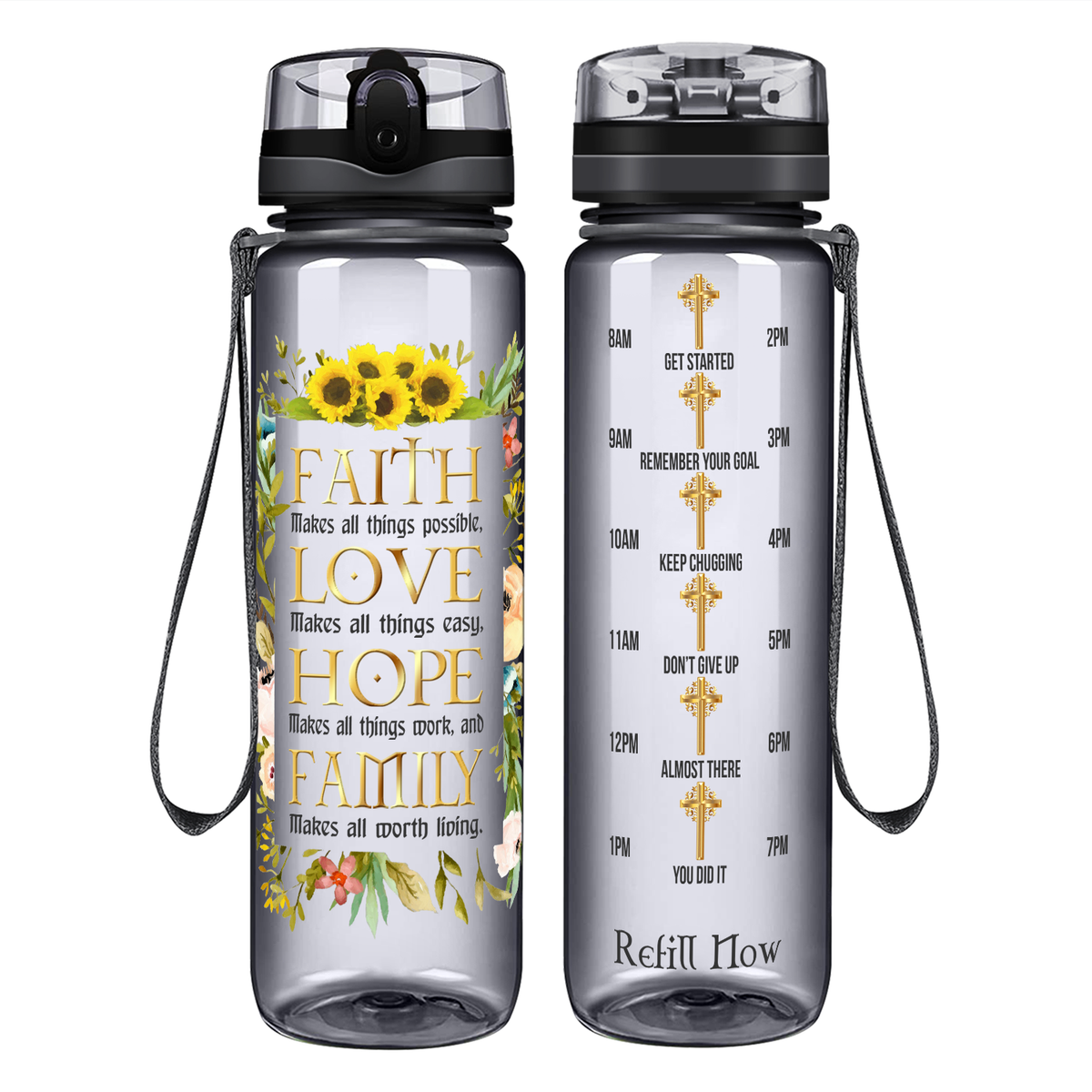 Faith Love Hope Family on 32 oz Motivational Tracking Water Bottle