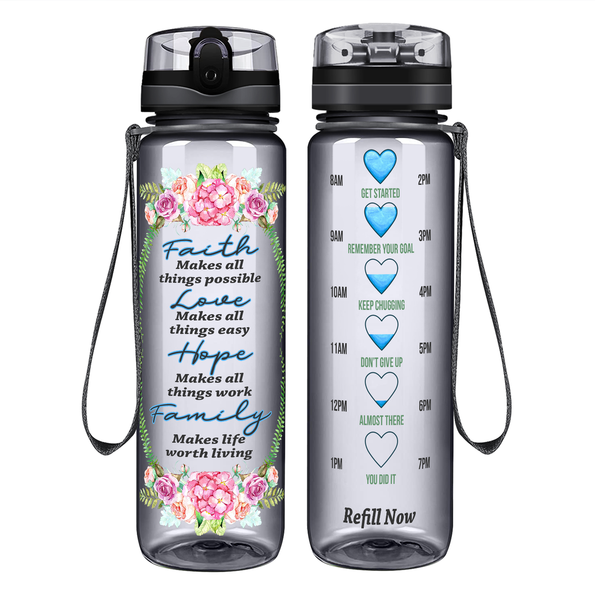 Faith Makes All Things Possible Love Hope Family on 32 oz Motivational Tracking Water Bottle