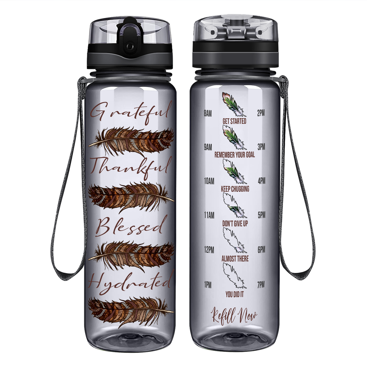 Grateful Thankful Blessed Hydrated with Feathers on 32 oz Motivational Tracking Water Bottle