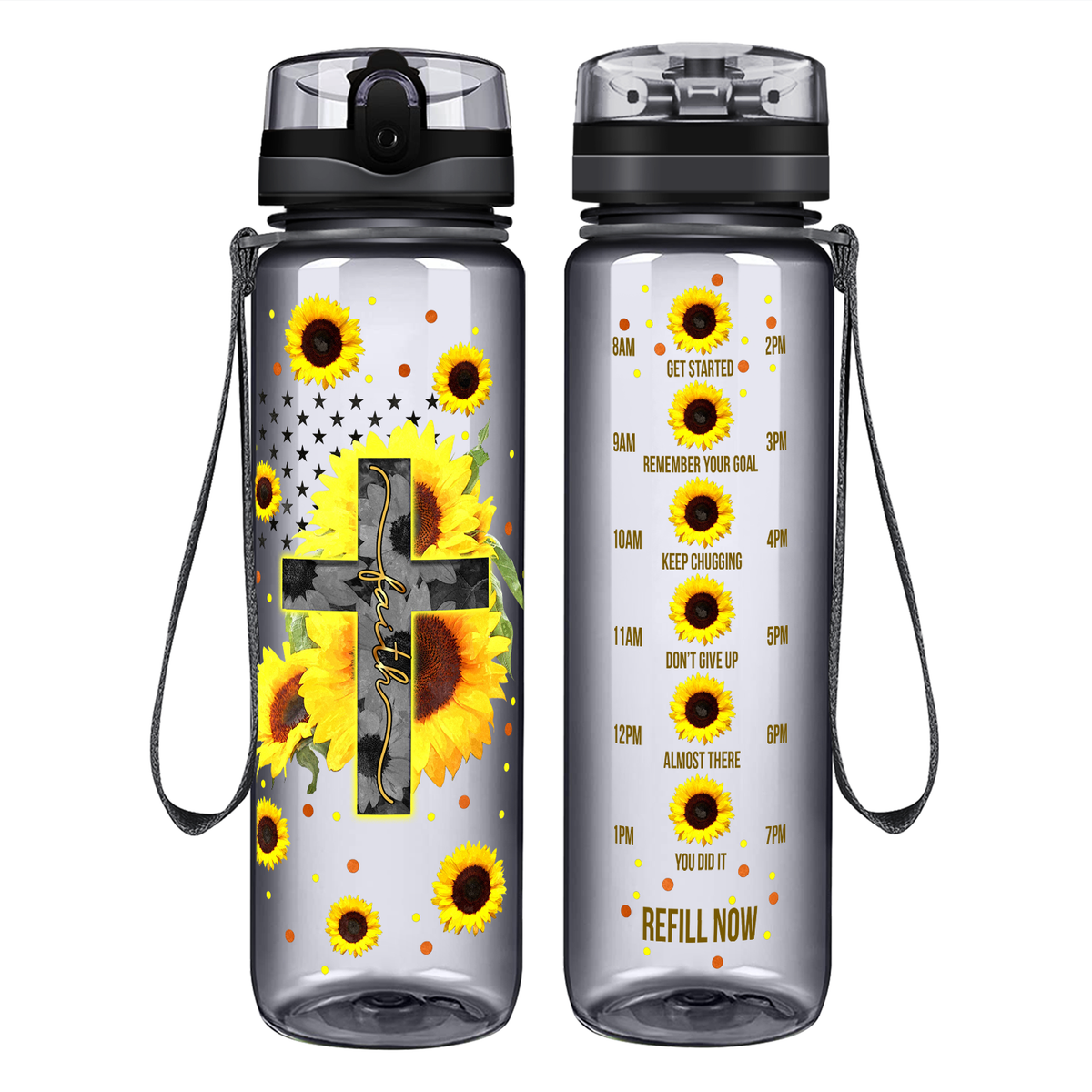 Faith Cross Sunflowers on 32 oz Motivational Tracking Water Bottle