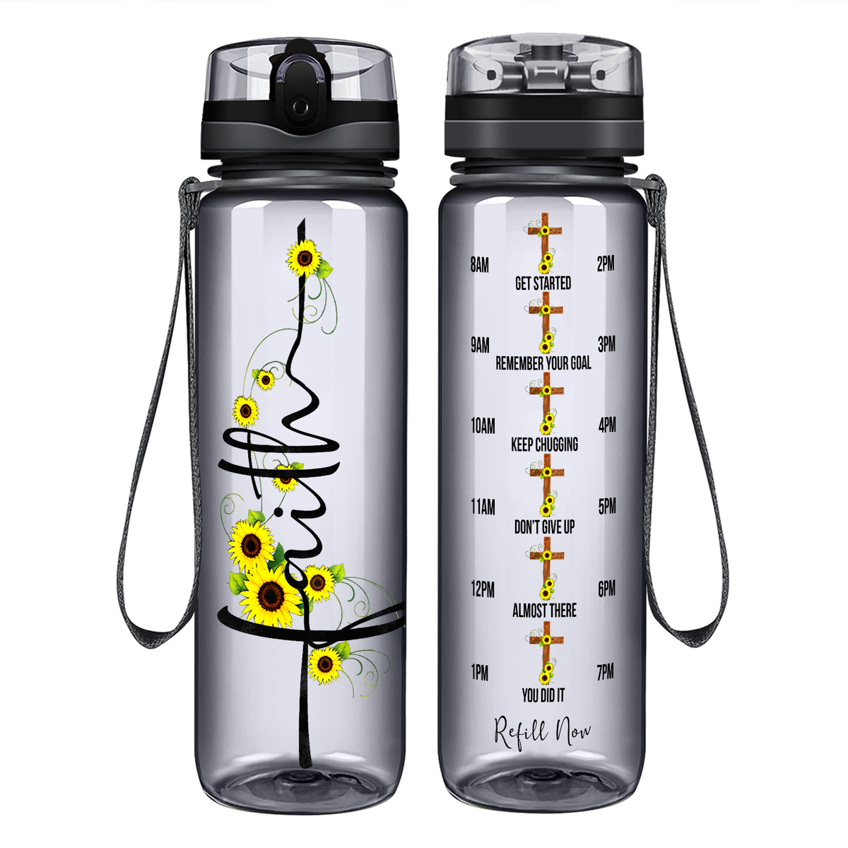 Faith Sunflowers on 32 oz Motivational Tracking Water Bottle