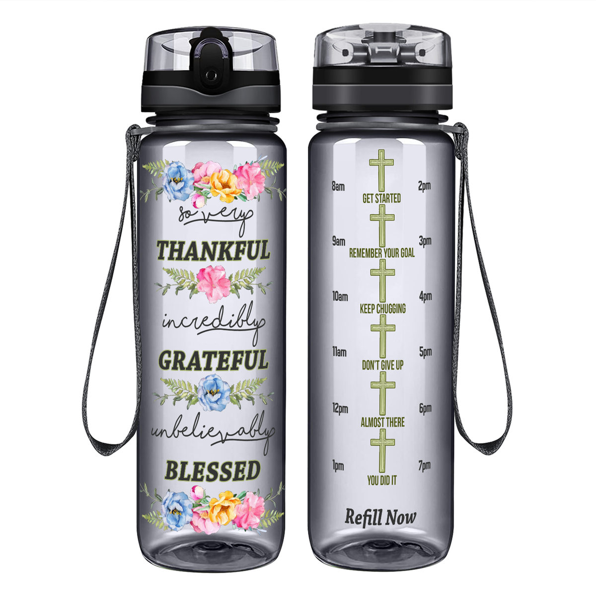 Thankful Grateful Blessed on 32 oz Motivational Tracking Water Bottle