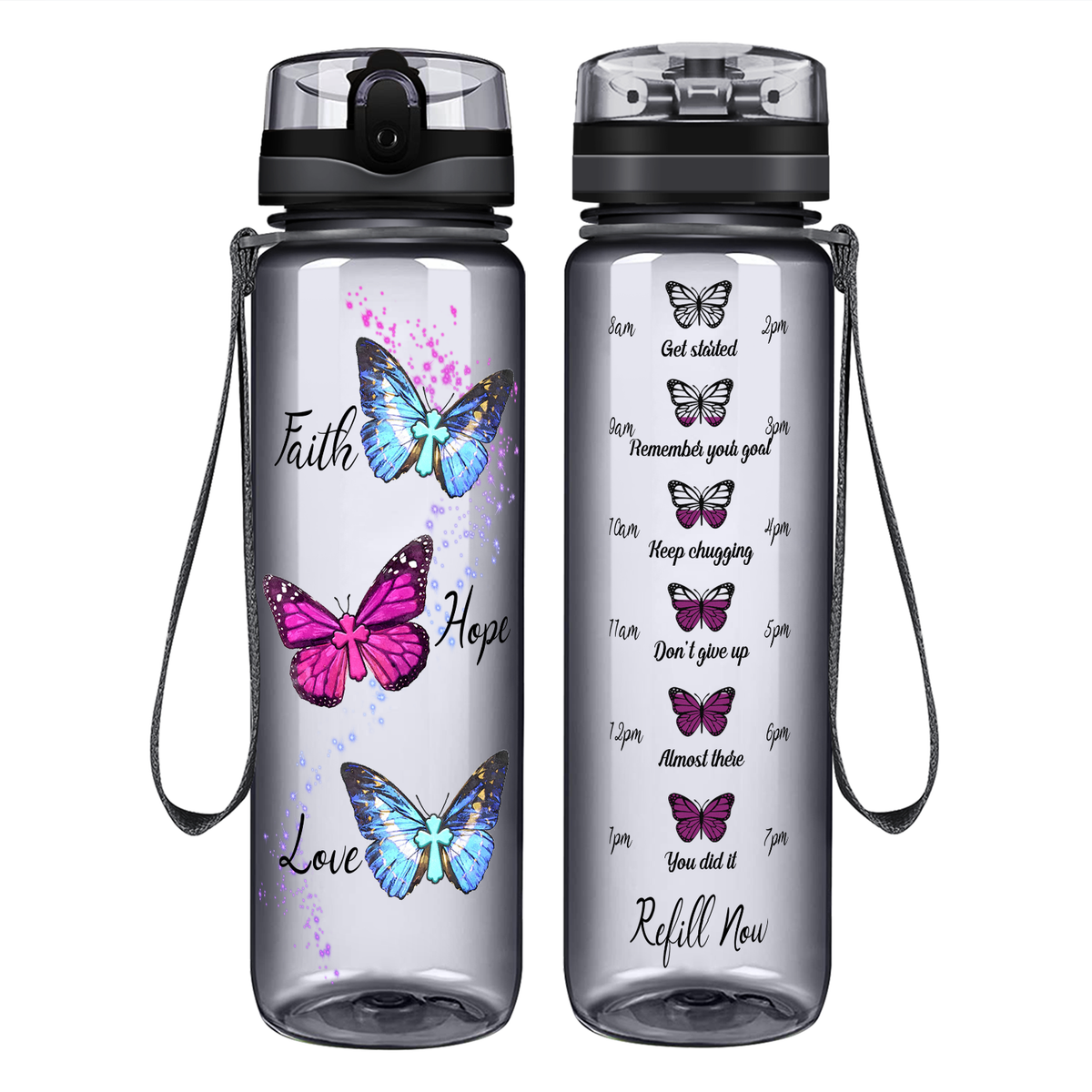 Faith Hope Love Butterflies on 32 oz Motivational Tracking Water Bottle
