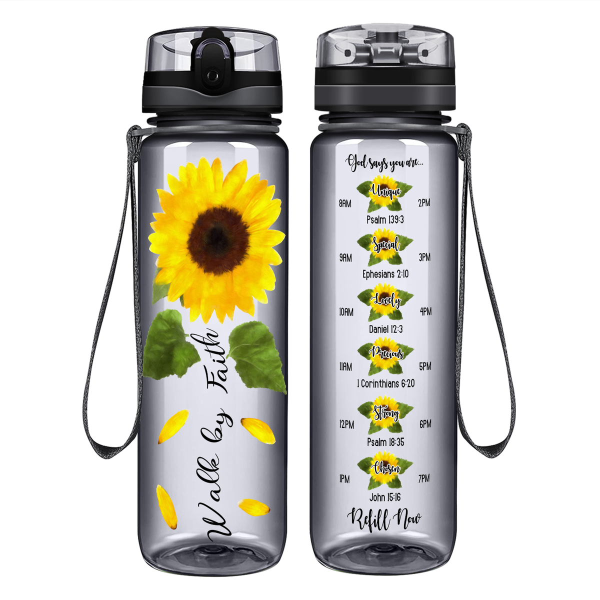 Walk By Faith Sunflower on 32 oz Motivational Tracking Water Bottle