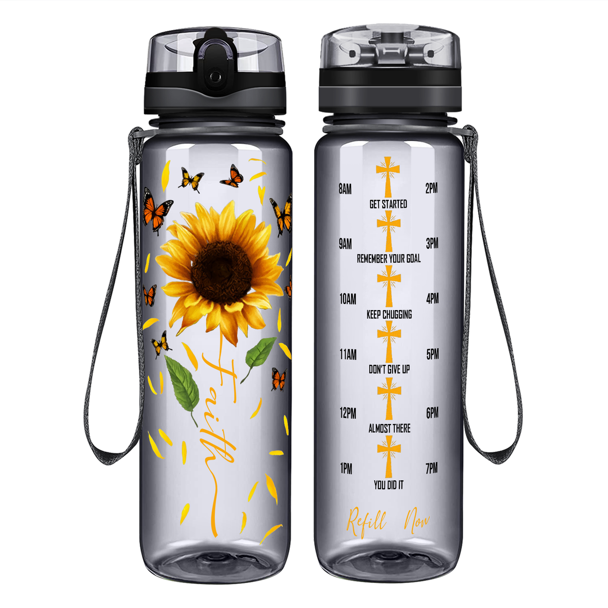 Faith Sunflowers Butterflies on 32 oz Motivational Tracking Water Bottle