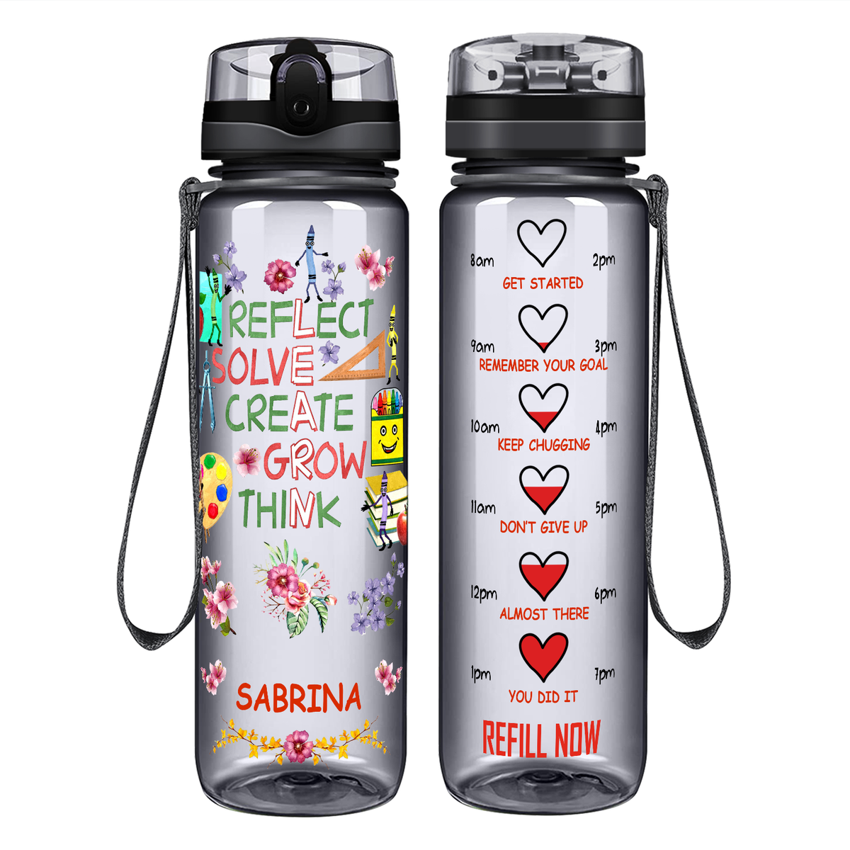 Personalized Reflect Solve Create Grow Think on 32 oz Motivational Tracking Water Bottle