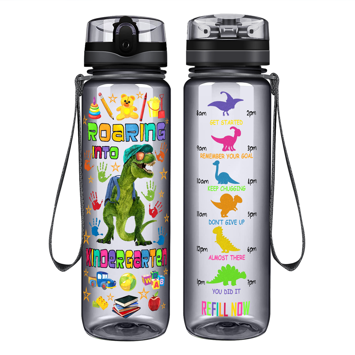 Roaring Into Kindergarten on 32 oz Motivational Tracking Water Bottle