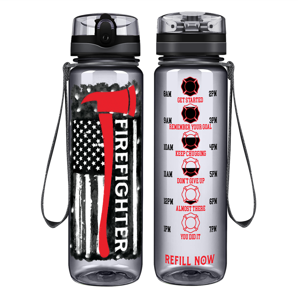 Firefighter Axe Distressed Flag on 32 oz Motivational Tracking Water Bottle