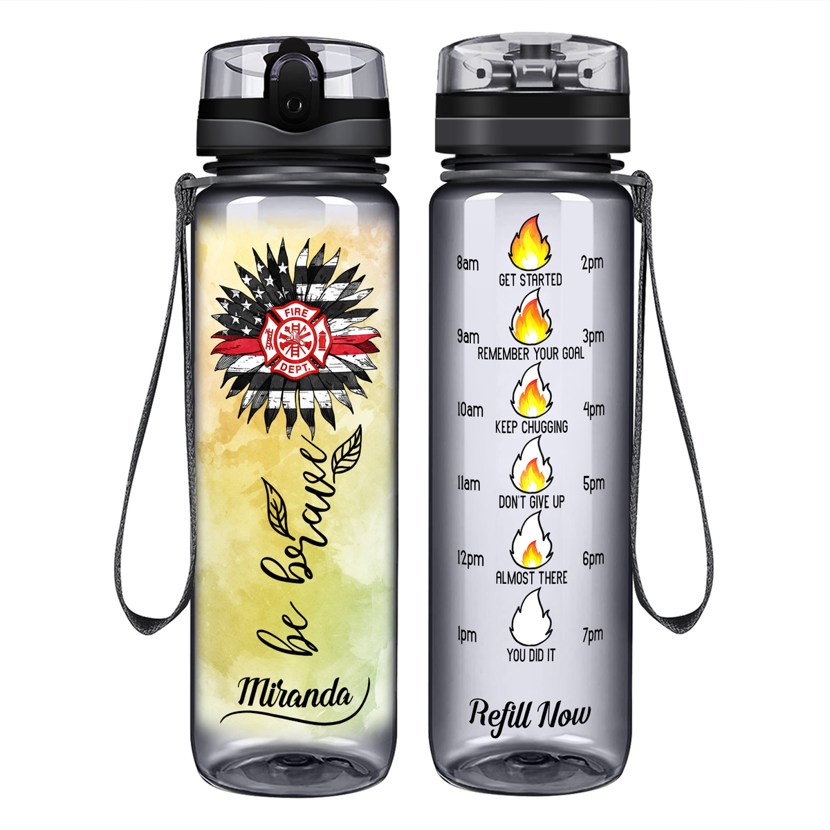 Personalized Firefigher Be Brave on 32 oz Motivational Tracking Water Bottle