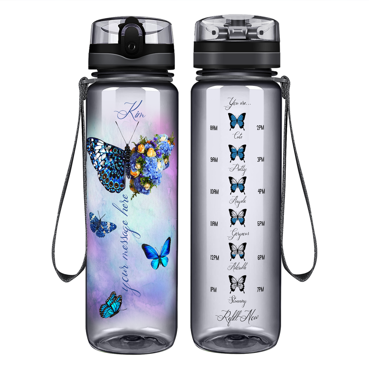 Personalized Butterflies with Name and Custom Message on 32 oz Motivational Tracking Water Bottle