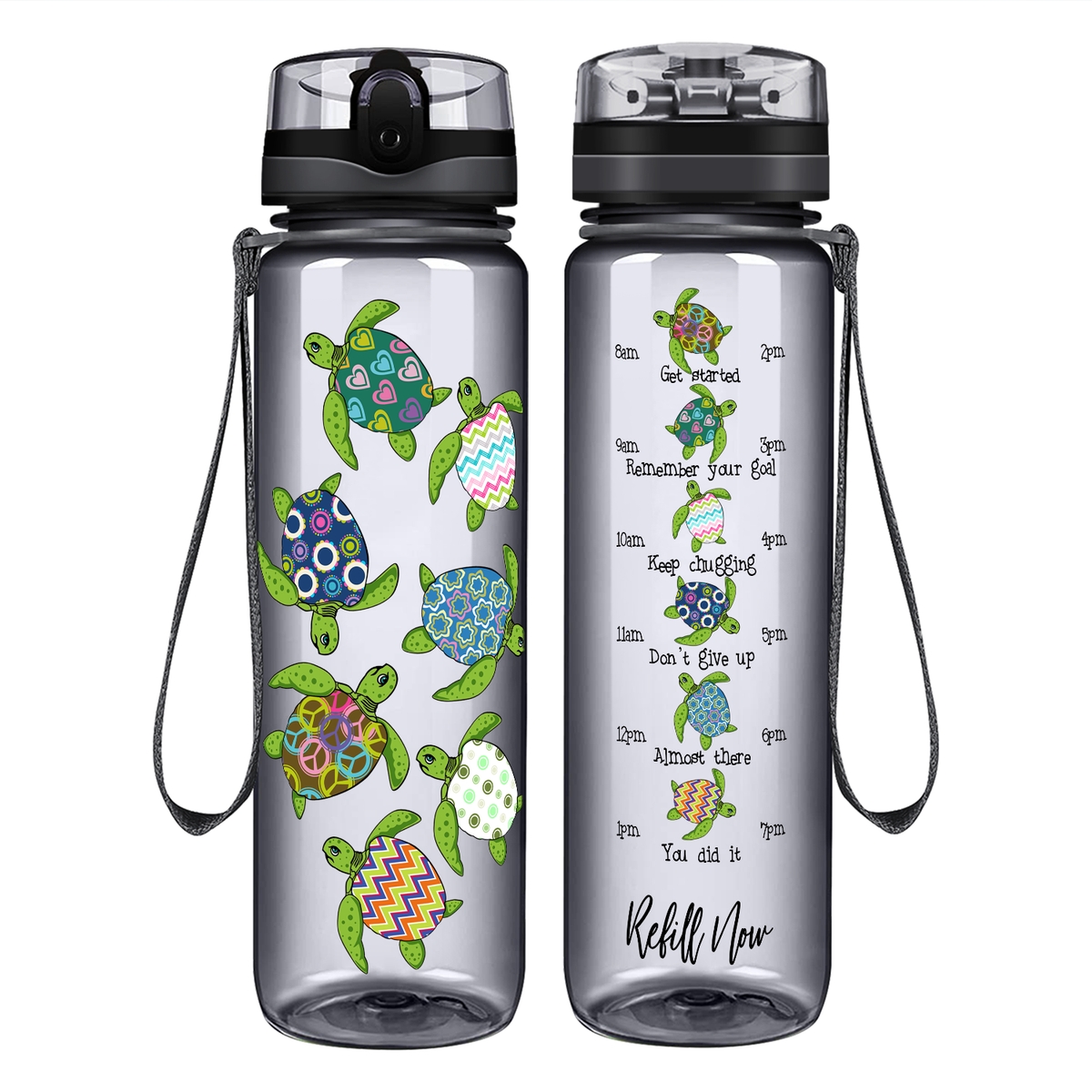Colorful Turtles on 32 oz Motivational Tracking Water Bottle