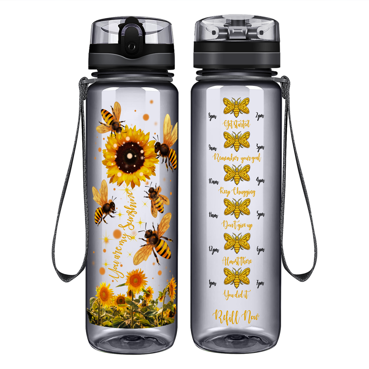 You Are My Sunshine Sunflower and Bees on 32 oz Motivational Tracking Water Bottle