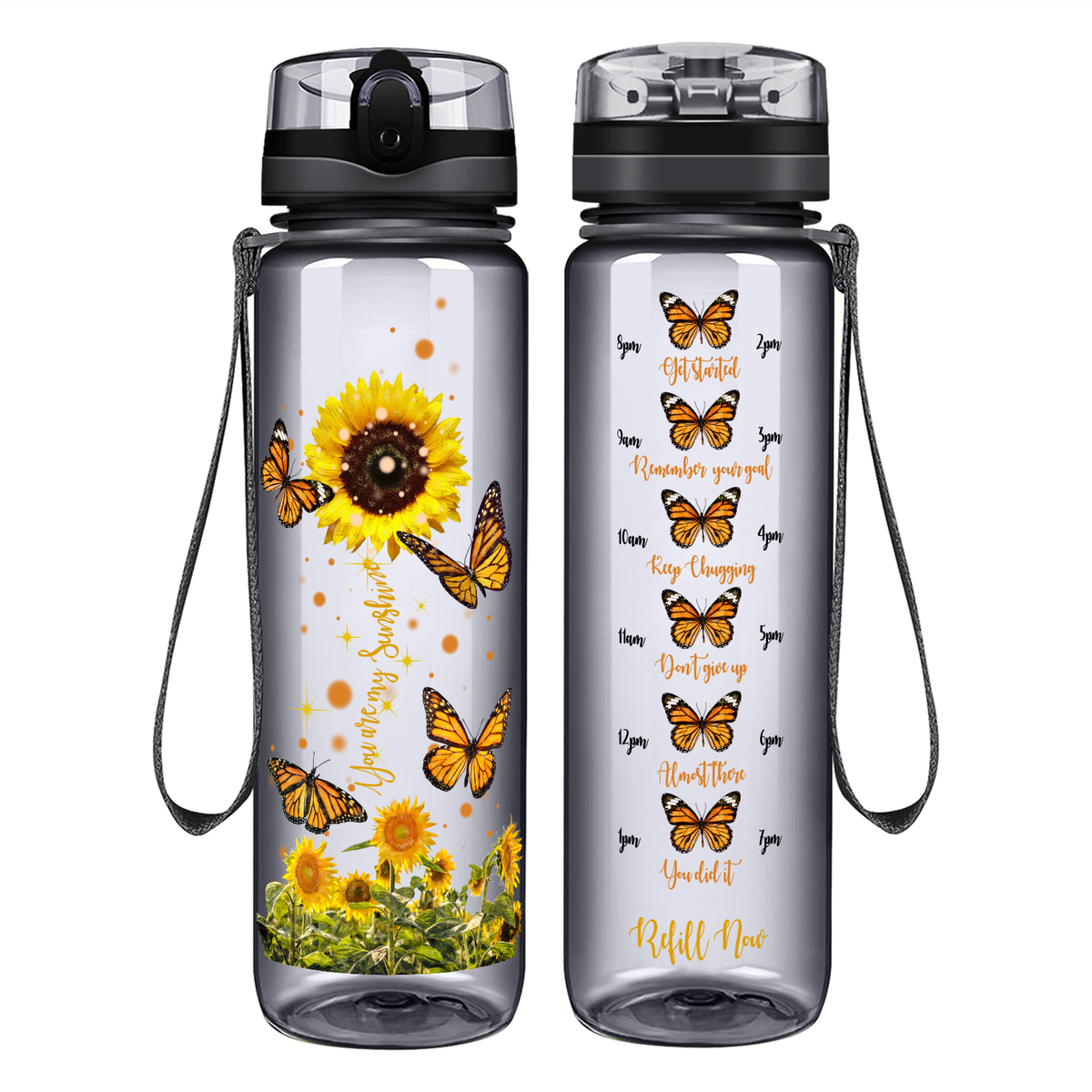 You Are My Sunshine Sunflower and Butterflies on 32 oz Motivational Tracking Water Bottle