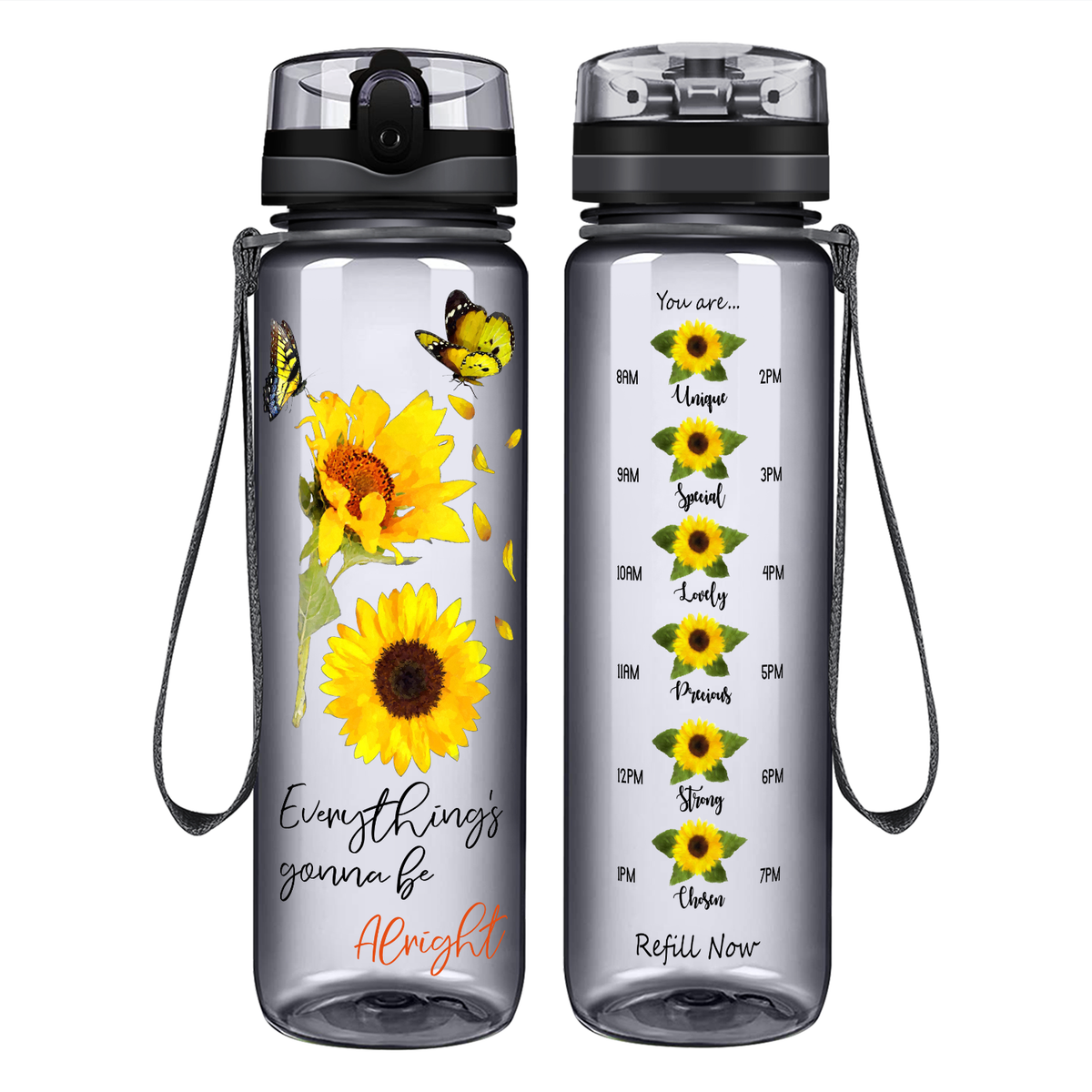 Everything's Gonna Be Alright Sunflower with Butterflies on 32 oz Motivational Tracking Water Bottle