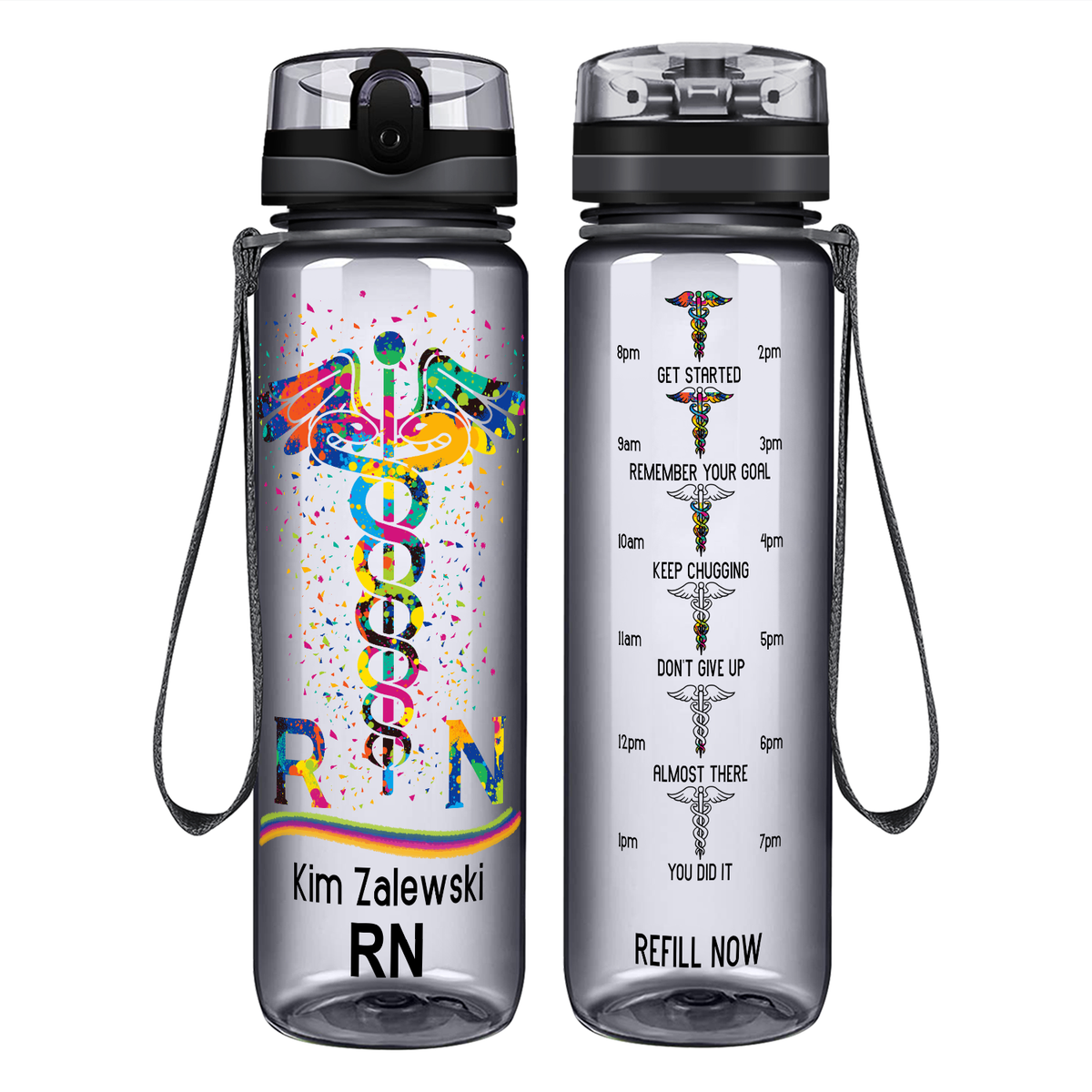 Personalized RN Caduceus Rainbow on 32oz Motivational Nurse Water Bottle
