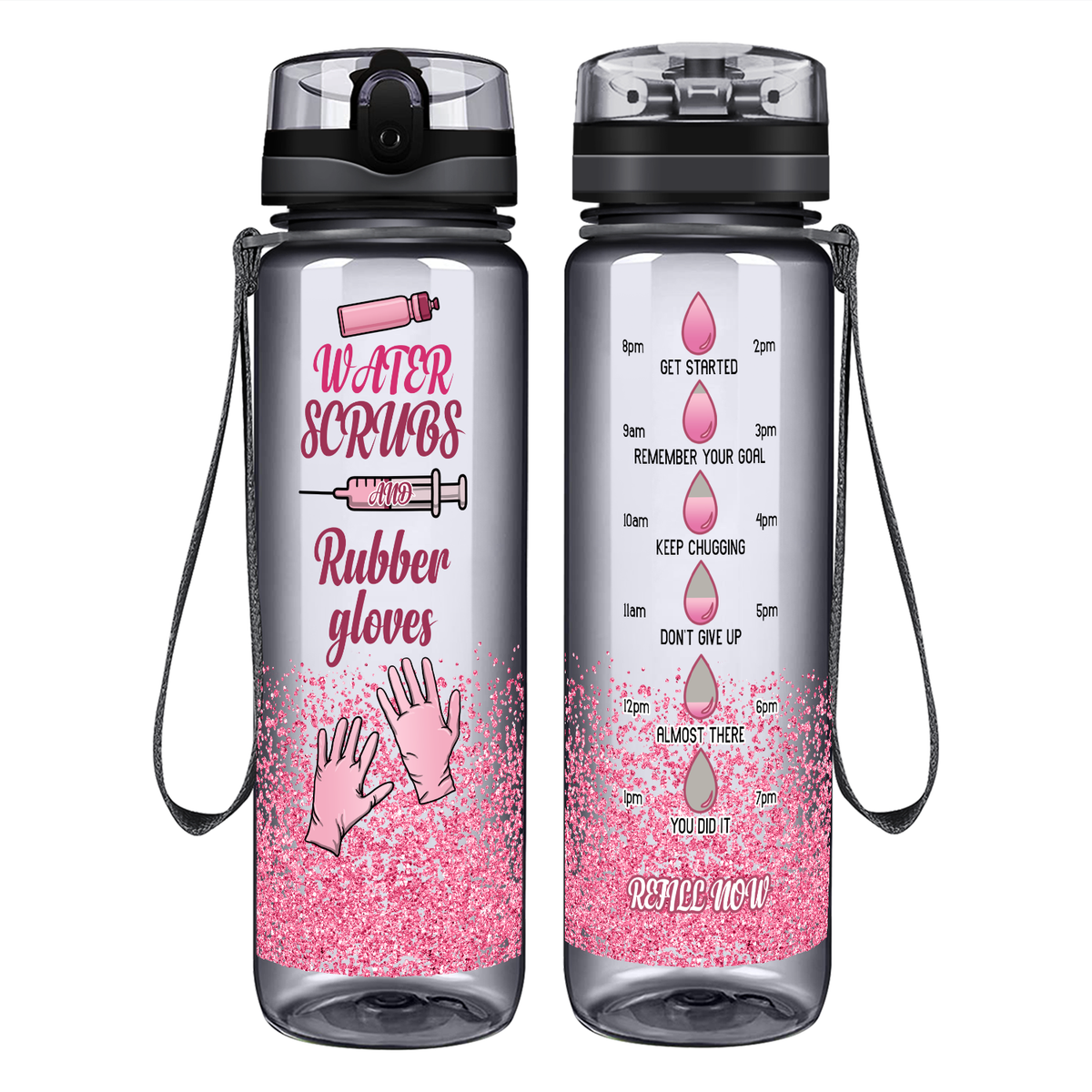 Pink Water Scrubs and Rubber Gloves on 32oz Motivational Tracking Nurse Water Bottle