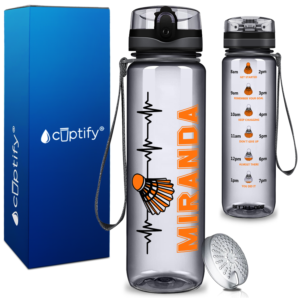 Personalized Badminton Heartbeat on 32 oz Motivational Tracking Water Bottle