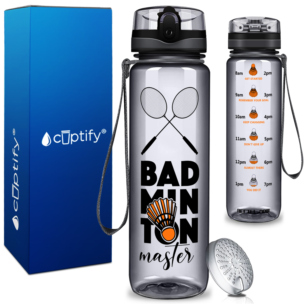 Personalized Badminton Master on 32 oz Motivational Tracking Water Bottle