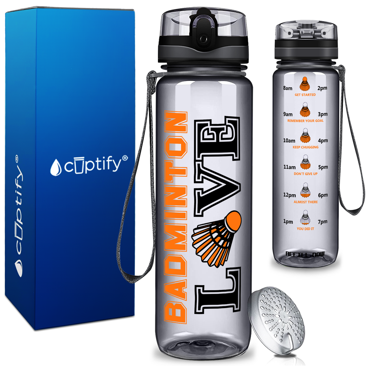 Love Badminton on 32 oz Motivational Tracking Water Bottle