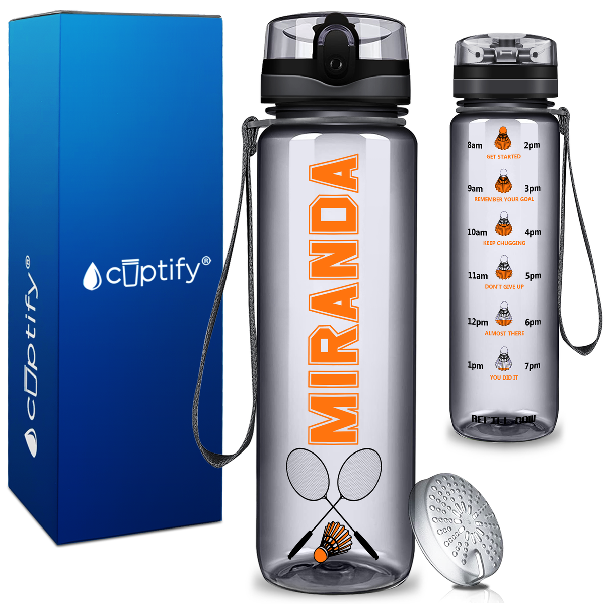 Personalized Badminton Rackets and Shuttlecock on 32 oz Motivational Tracking Water Bottle