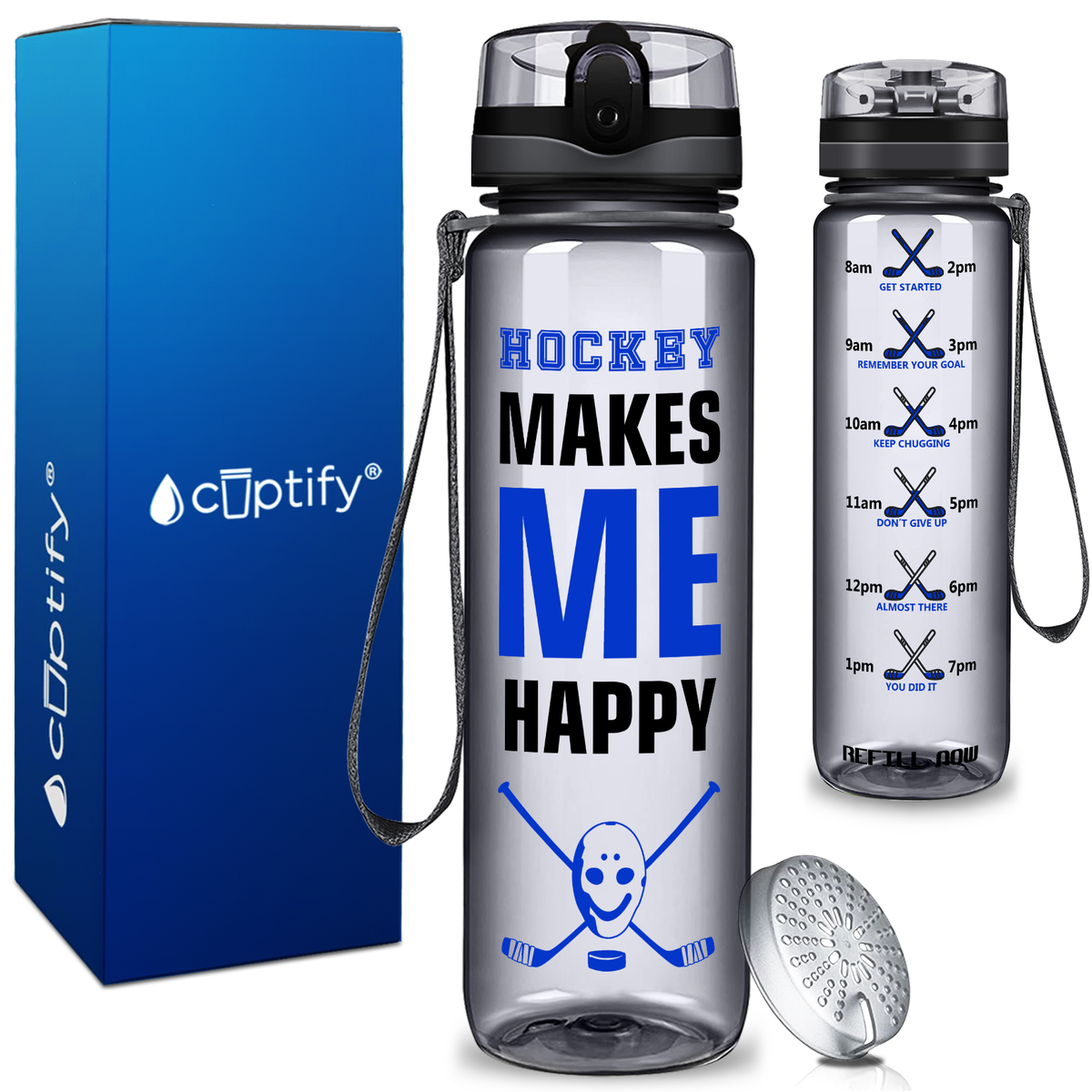 Personalized Hockey Makes Me Happy on 32 oz Motivational Tracking Water Bottle
