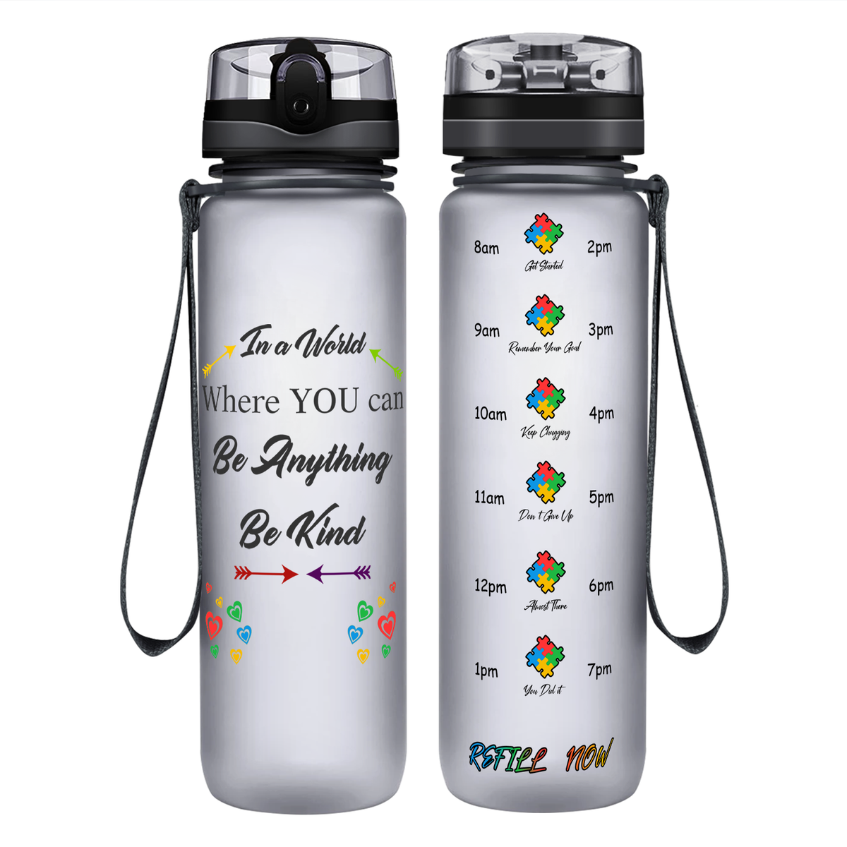 In a World Where You Can Be Anything Be Kind on 32 oz Motivational Tracking Water Bottle