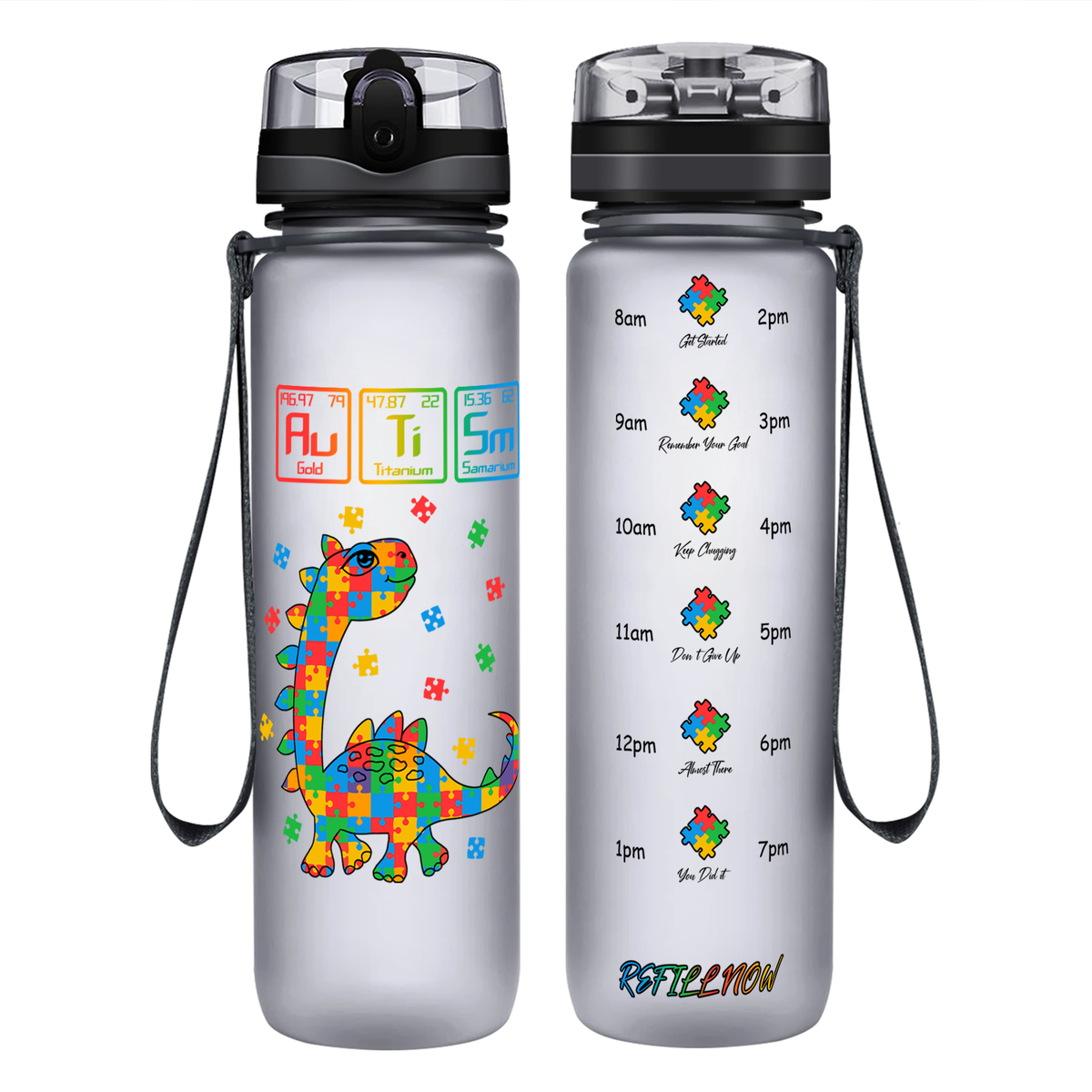 Scientific Autism Dinosaur Puzzle on 32 oz Motivational Tracking Water Bottle