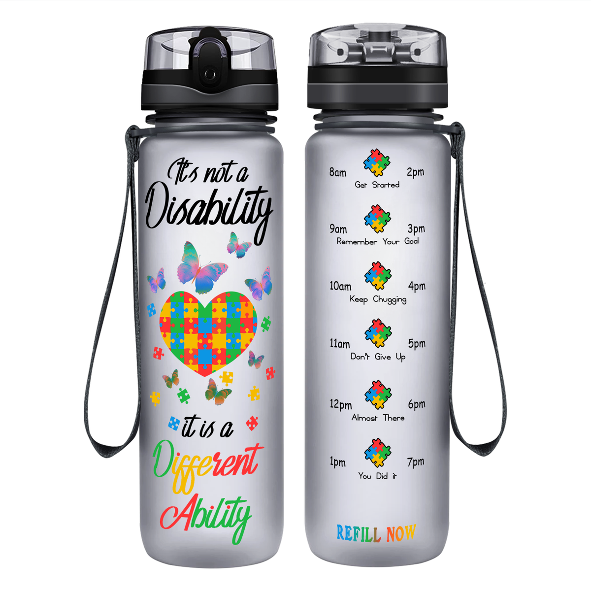 Autism Colorful Butterfly Different Ability on 32 oz Motivational Tracking Water Bottle