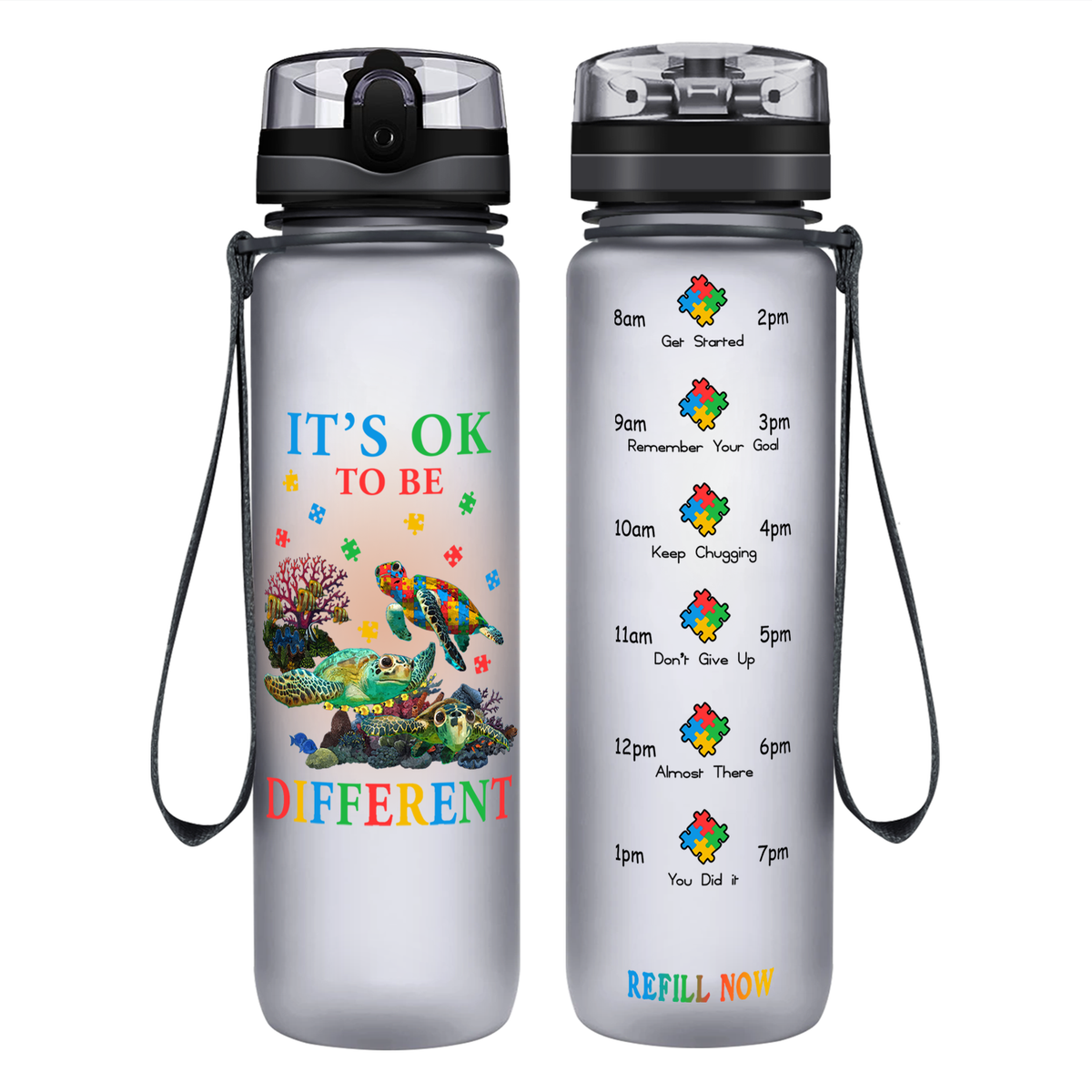 Okay To Be Different Autism Turtle on 32 oz Motivational Tracking Water Bottle