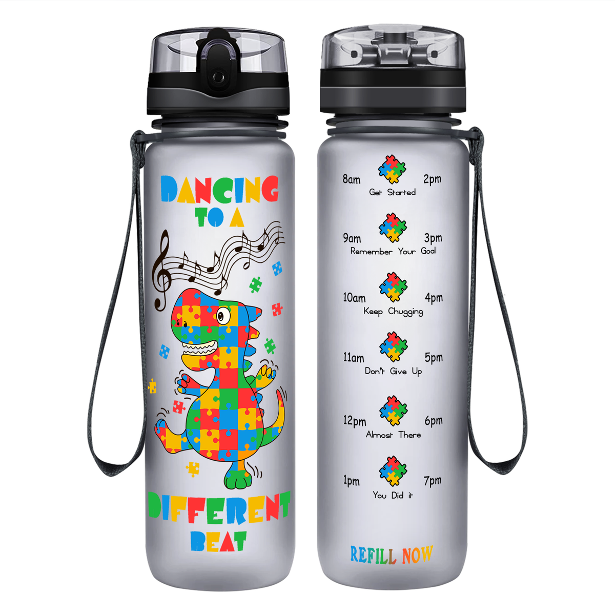 Dancing Dino Different Beat Autism on 32 oz Motivational Tracking Water Bottle