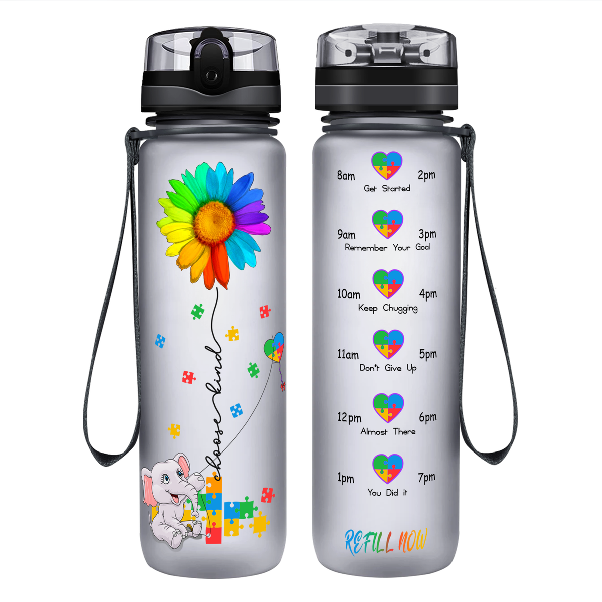 Autism Elephant Kindness Kite on 32 oz Motivational Tracking Water Bottle