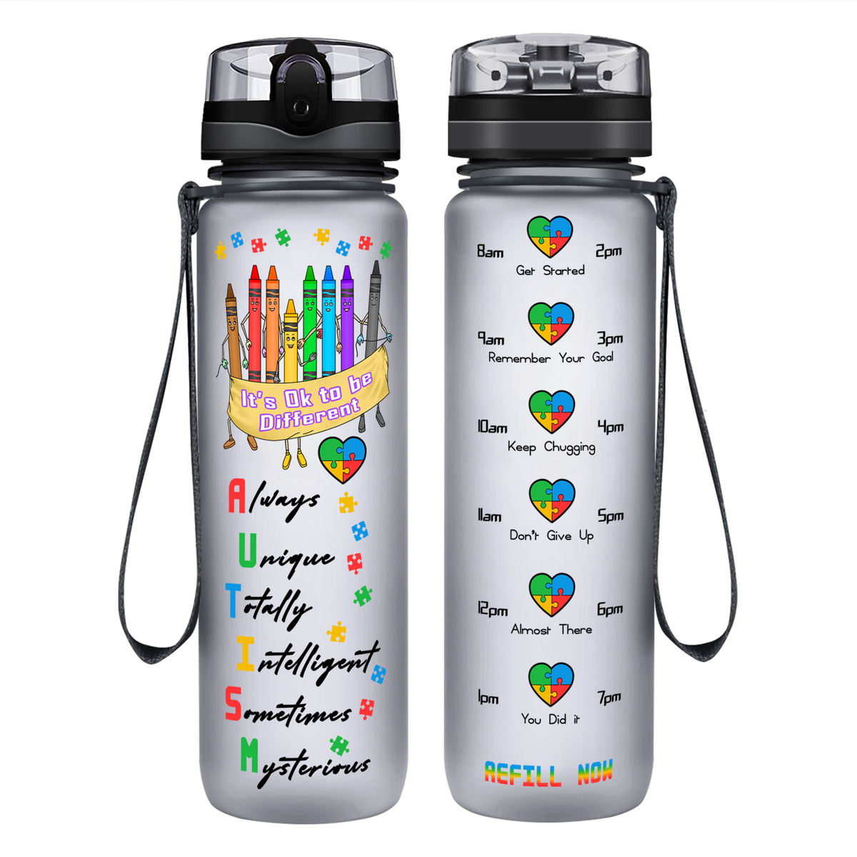 Colorful Autism Crayons on 32 oz Motivational Tracking Water Bottle