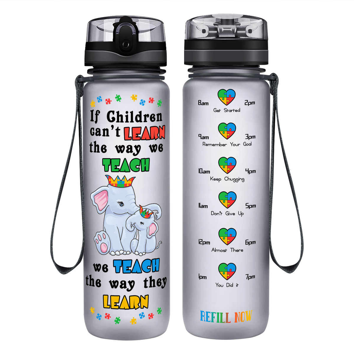 Teach The Way They Learn Elephants on 32 oz Motivational Tracking Autism Water Bottle