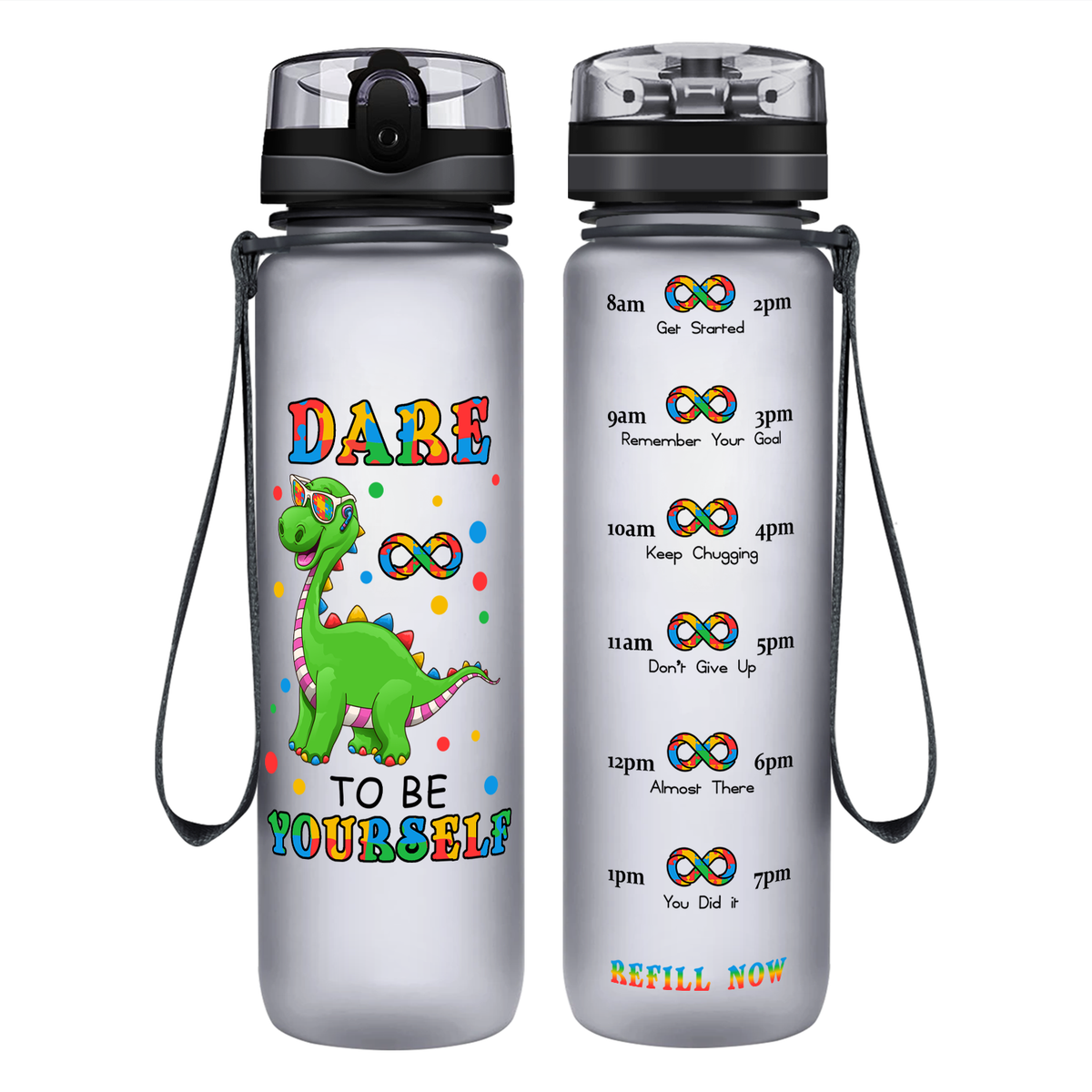 Dinosaur Dare To Be Yourself on 32 oz Motivational Tracking Autism Water Bottle