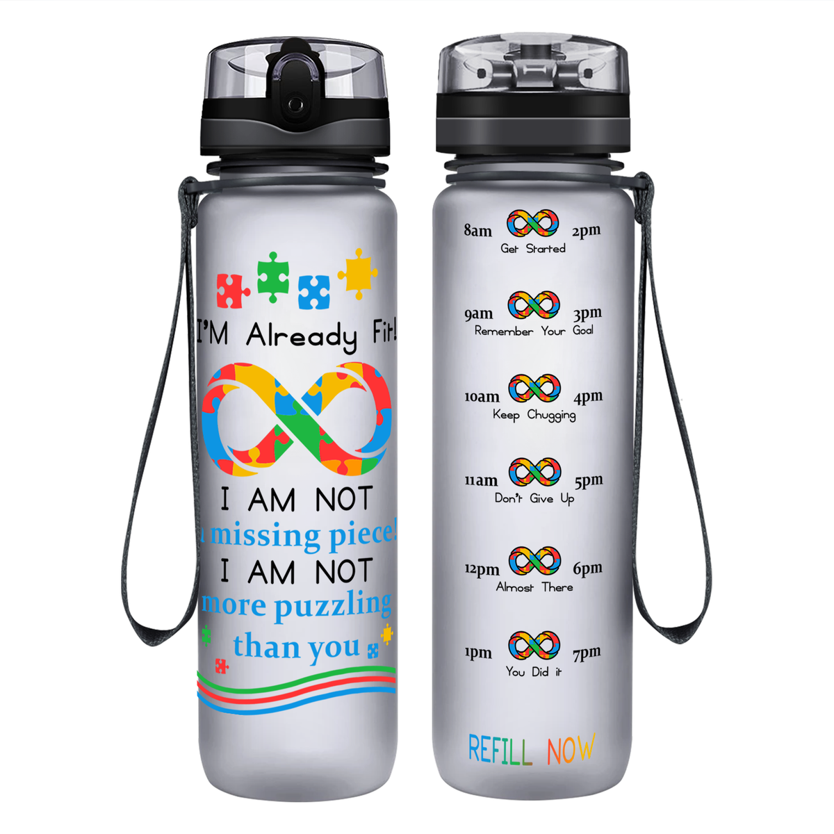Already Fit Autism Infinity Puzzle on 32 oz Motivational Tracking Water Bottle