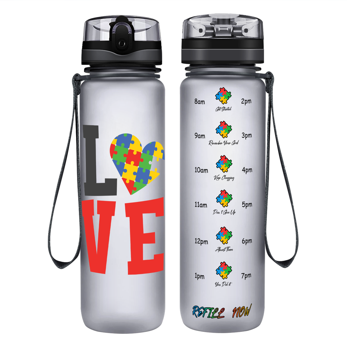 Autism Love on 32 oz Motivational Tracking Water Bottle