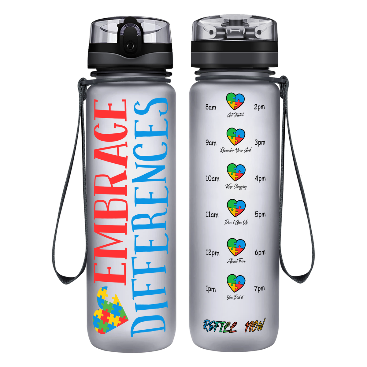 Embrace Differences on 32 oz Motivational Tracking Autism Water Bottle