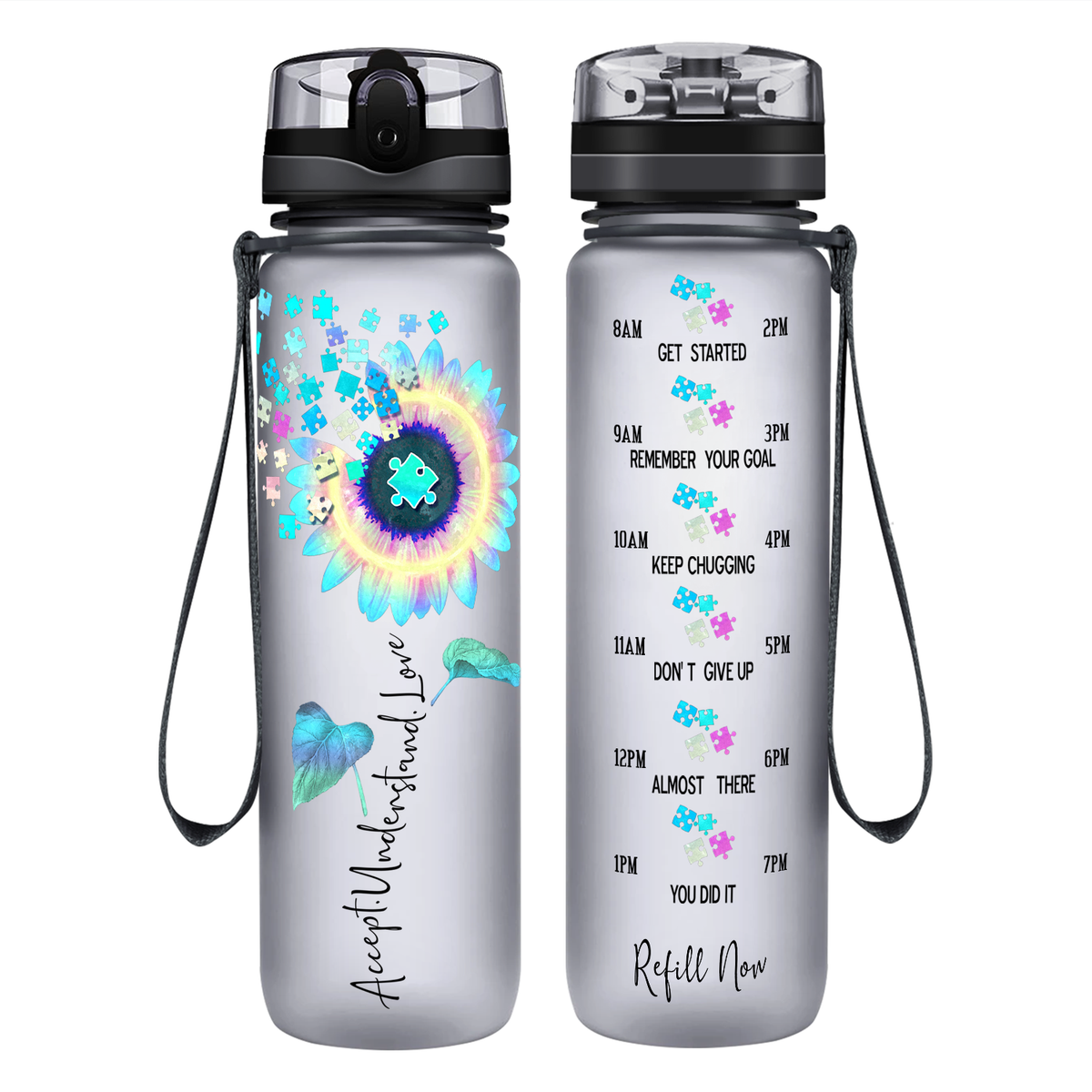 Accept Understand Love Autism Sunflower 32 oz Motivational Tracking Water Bottle
