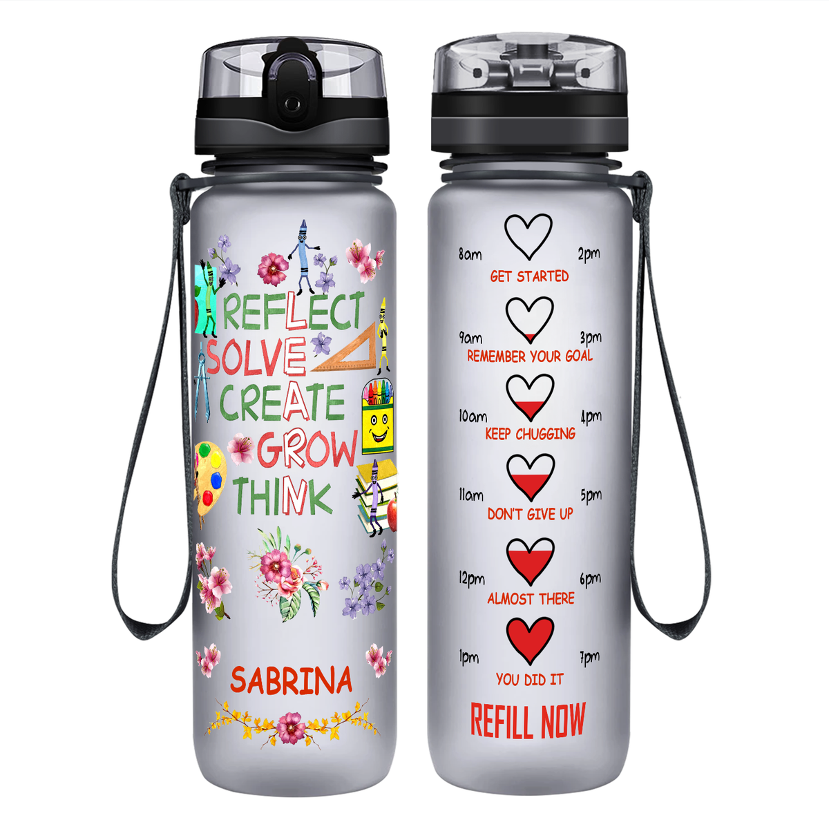 Personalized Reflect Solve Create Grow Think on 32 oz Motivational Tracking Water Bottle