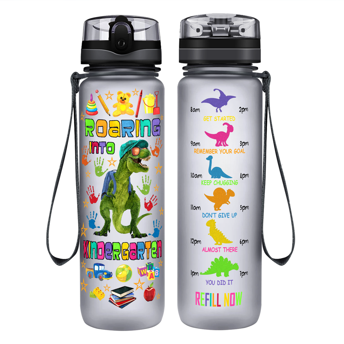 Roaring Into Kindergarten on 32 oz Motivational Tracking Water Bottle